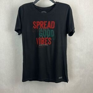 Life Is Good Womens Tshirt Sz Medium Gray Short Sleeve SPREAD GOOD VIBES PEACE L